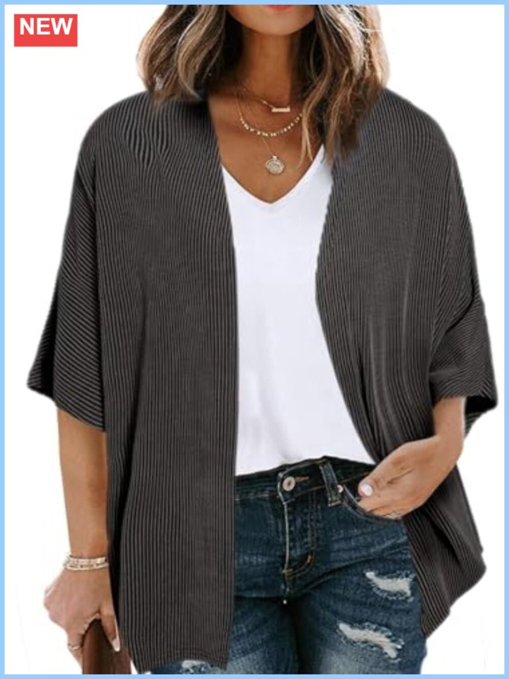 Plus Size Lightweight Ribbed Knit Kimono Cardigan Half Sleeve Open Front